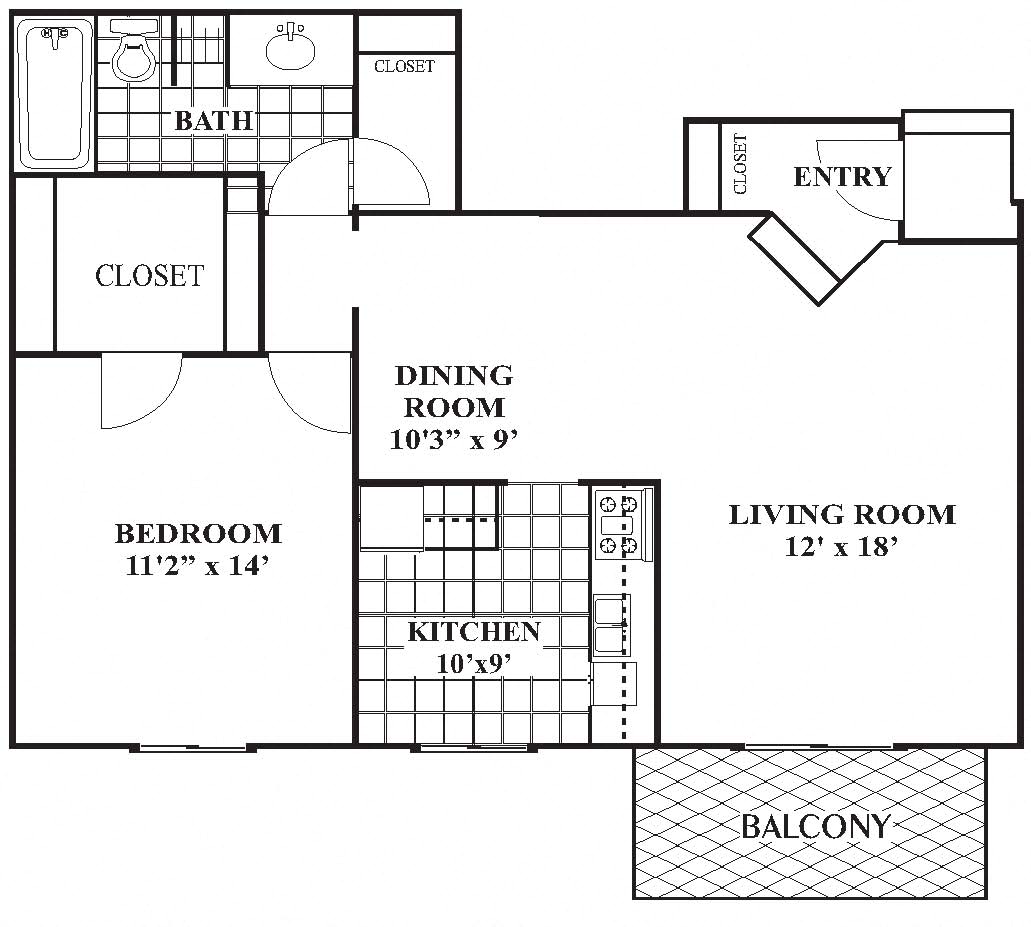 Floor plan for 1 bed, 1 bath, 803 sqft